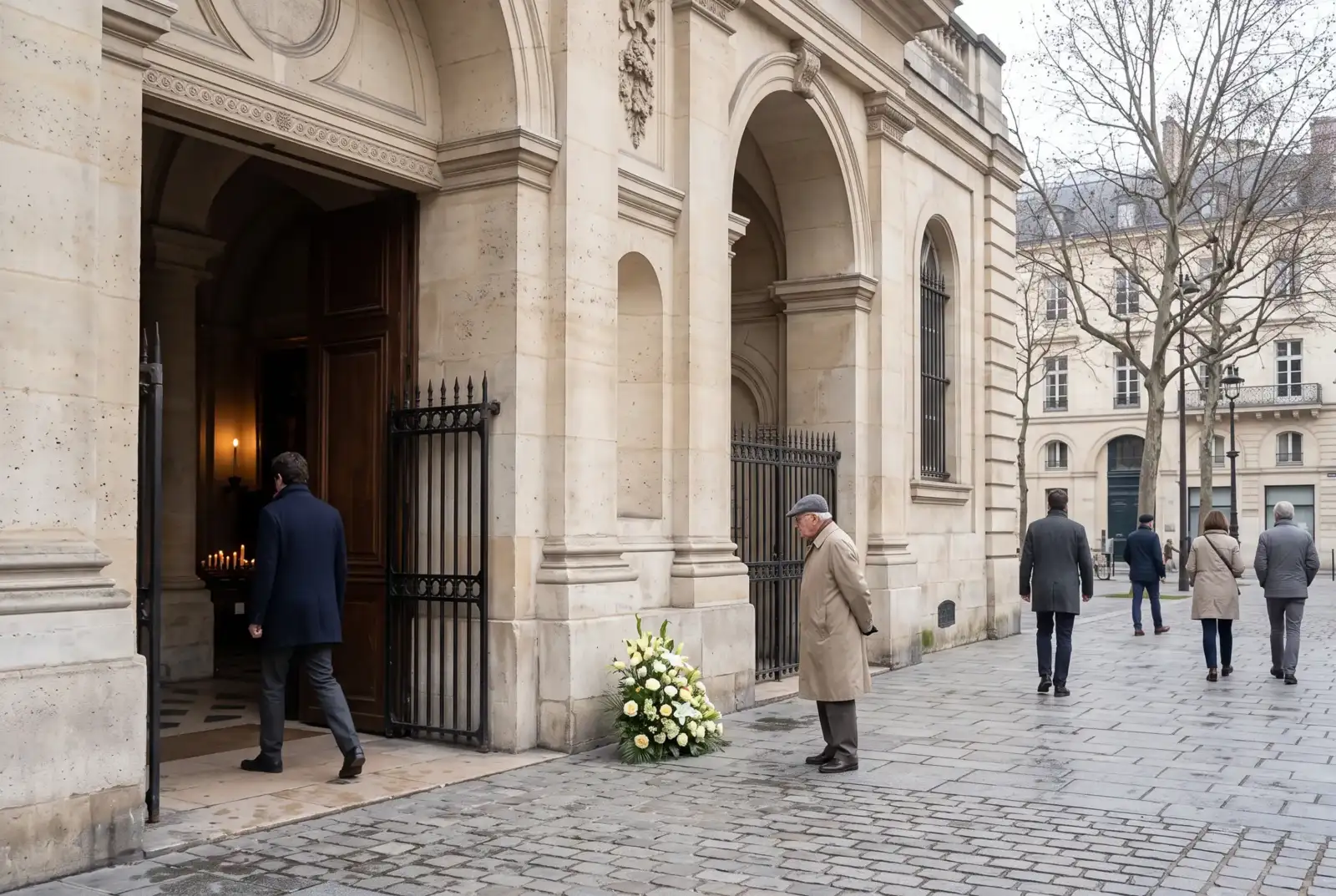 Des passants marchent devant une grande église en pierre à Paris un jour nuageux.