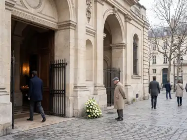 Des passants marchent devant une grande église en pierre à Paris un jour nuageux.